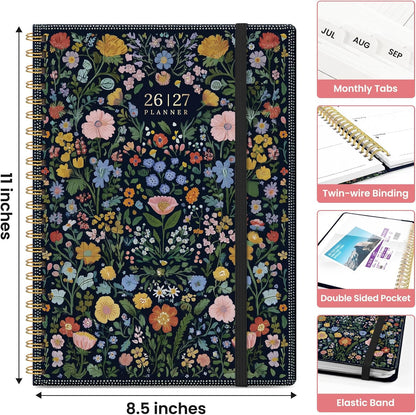 Planner 2026-2027, Academic Monthly and Weekly Calendar Planner for Women, July 2026 - June 2027, Hardcover Pretty Agenda Planner Book with Tabs, Spiral Daily Organizer for School Office Home Supplies, 6.3" x 8.5" - Blue Floral