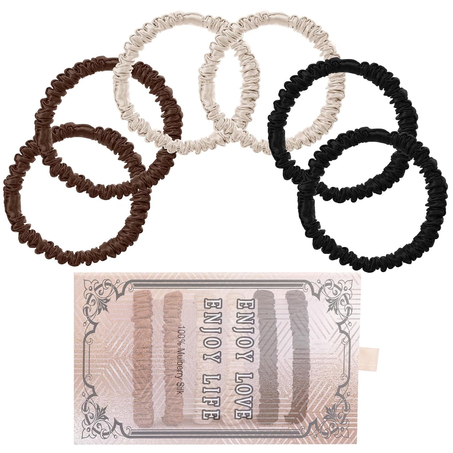 22 Momme 6PCS 100% Mulberry Silk Hair Ties Small Silk Scrunchies for Women Girls Curly Thick Thin Hair .Women's Black Cute Satin Sleepy Bulk Hair Tie Scrunchie Sleep