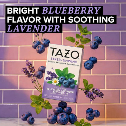 Tazo Stress Unwind Herbal Tea Bags, Blueberry Lavender Chamomile, 16 ct