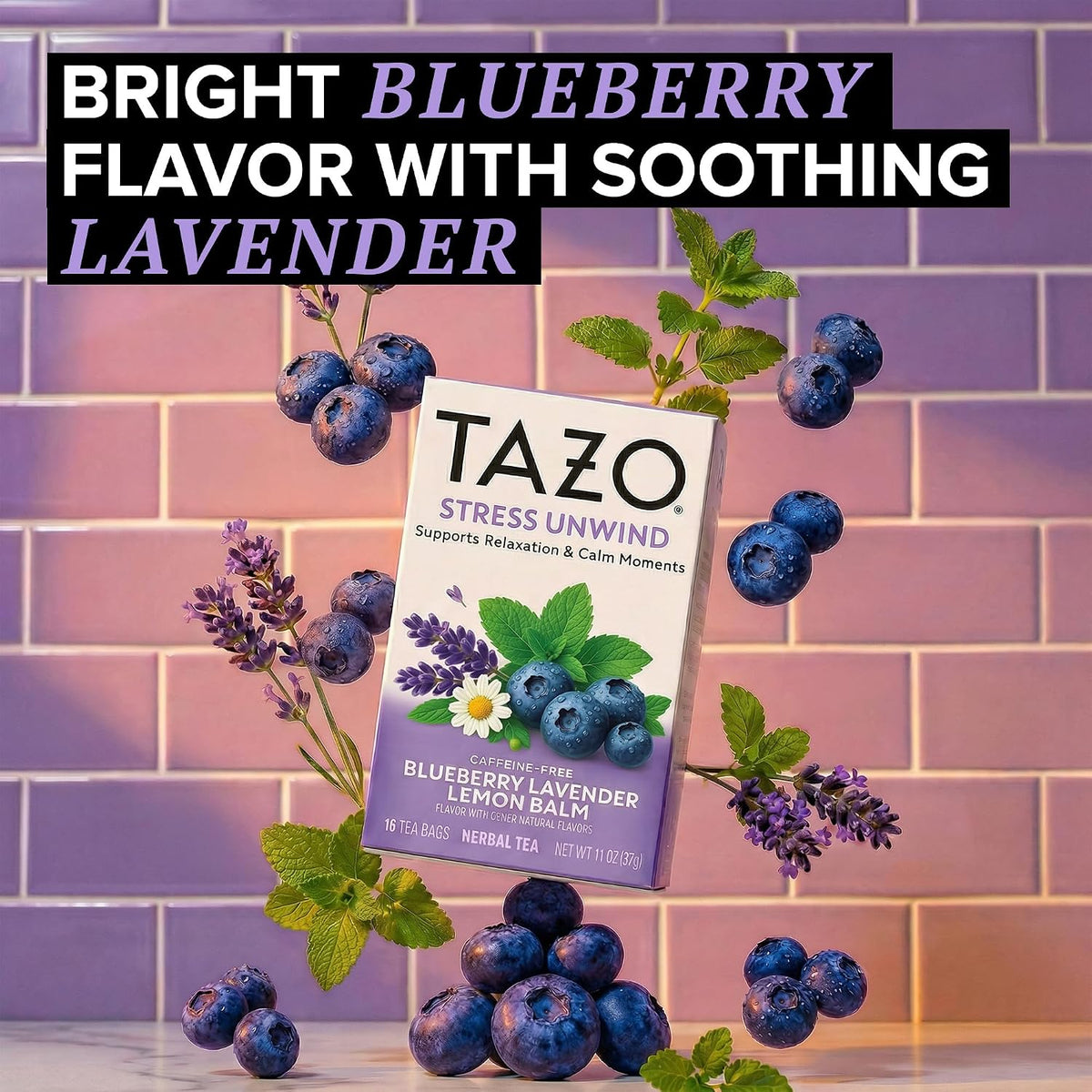 TAZO Herbal Tea Bags, Stress Unwind Blueberry Lavender Lemon Balm, 16 Count (Pack of 4)