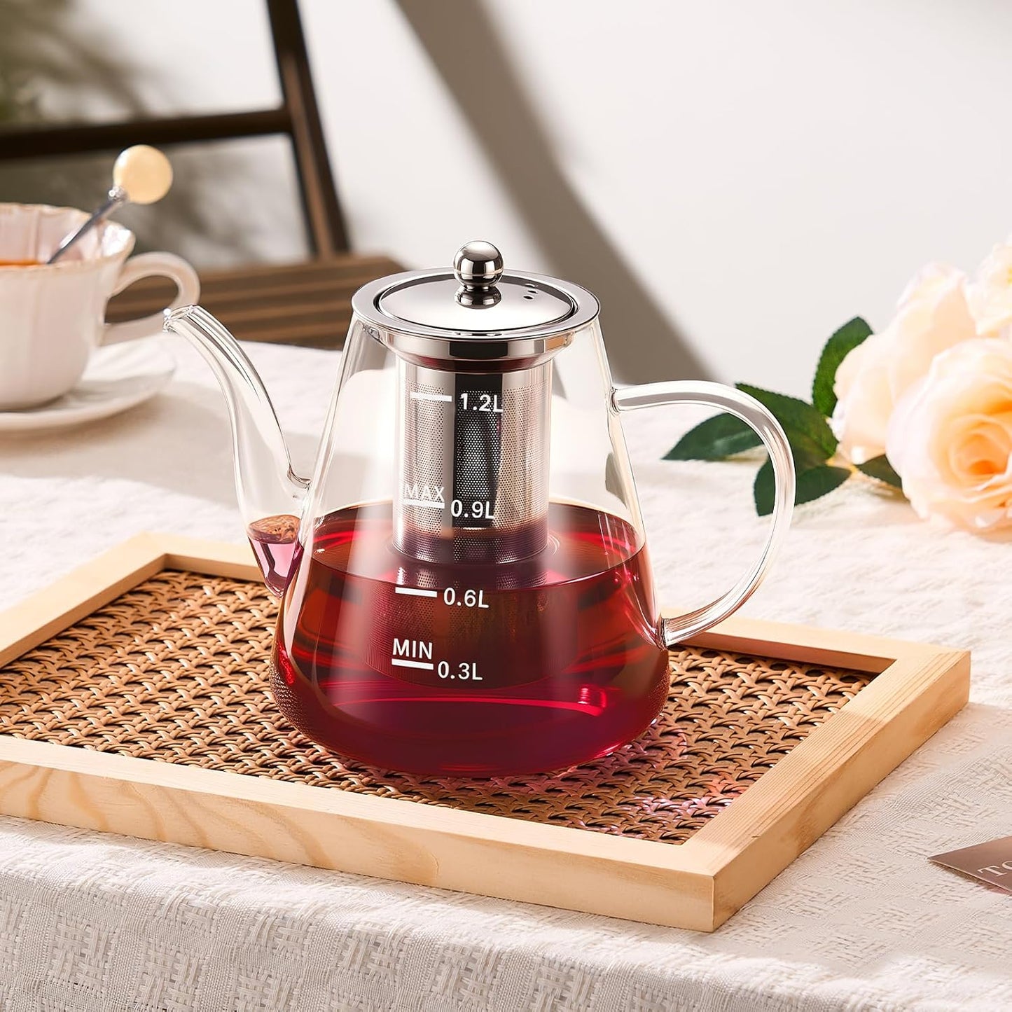 PARACITY Glass Teapot Stovetop 40 OZ/1200ml, Borosilicate Clear Tea Kettle with Removable 18/8 Stainless Steel Infuser, Teapot Blooming and Loose Leaf Tea Maker Tea Brewer for Camping, Travel