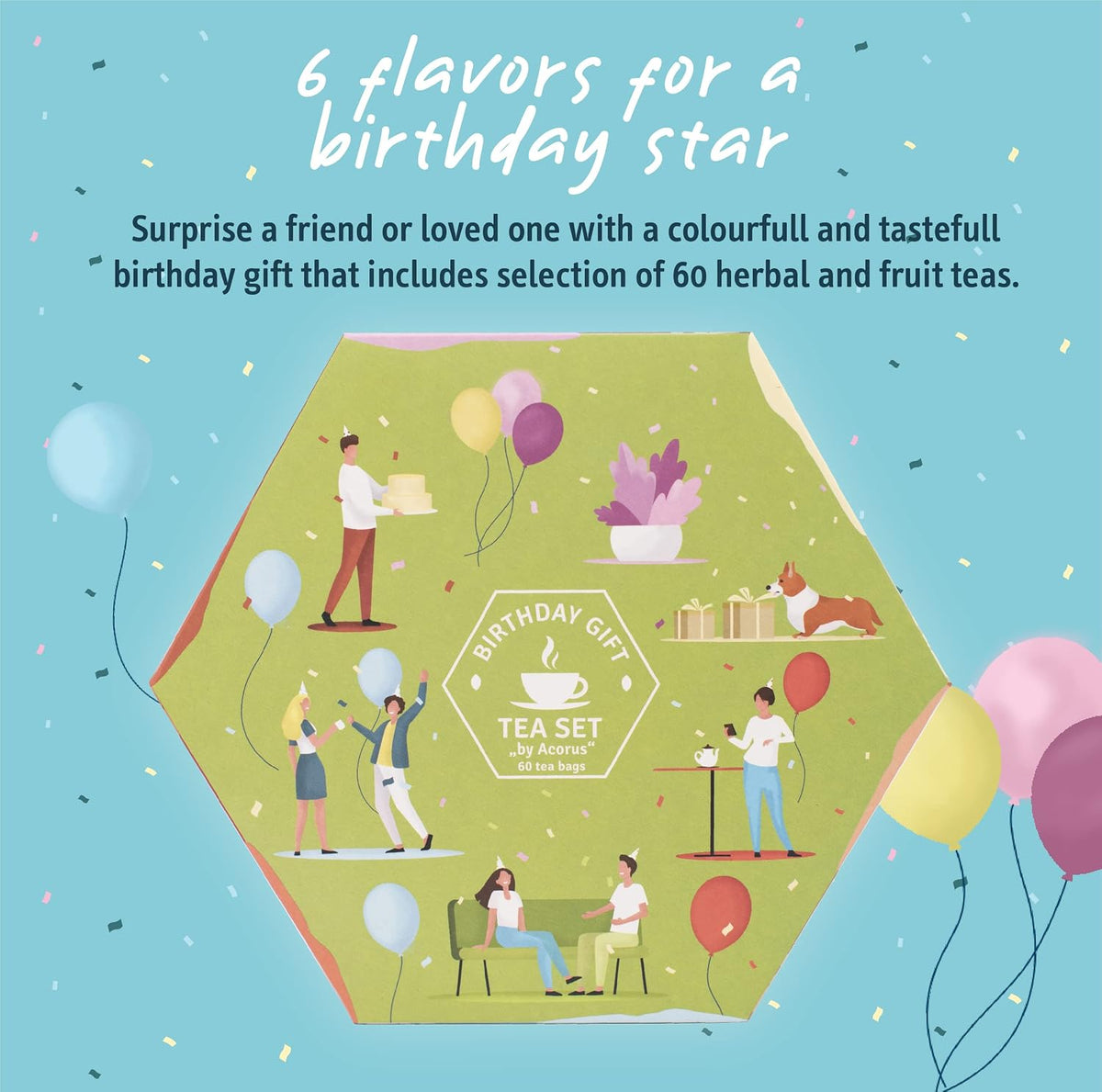 ACORUS | Birthday Gift Tea Set | Natural Tea Hamper Box Gift Flavors | Thoughtful Present for Birthday | Large Selection Box | Tea Gift Sets | 60 Herbal and Fruit Tea Bags Variety Pack
