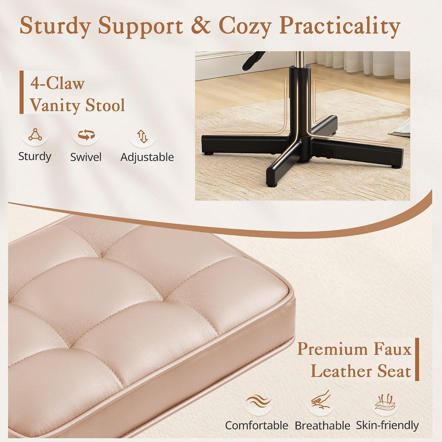 LUE BONA Adjustable Vanity Stool, Foot Rest Under Desk, 360° Swivel Vanity Chair for Makeup Room, Black Upholstered Faux Leather Ottoman for Bathroom & Living Room, 300lbs