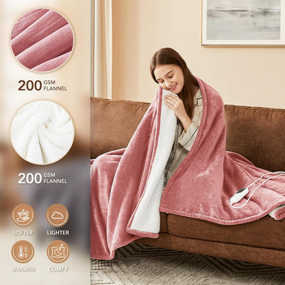 Homemate Heated Blanket Electric Throw - 50"x60" Heating Blanket Throw 1/2/4/6/8 Hours Auto-Off 10 Heat Level Over-Heat Protection Flannel Sherpa ETL Certification