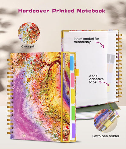 Hardcover Spiral Notebook journal with Removable Dividers Tabs, 300 Pages Leather 5 Subject Notebook College Ruled, 8"x10" Large B5 Notebooks for Work School Note taking, Lined Journal for Women,Black