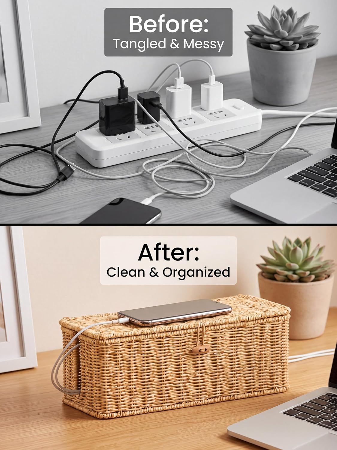 Cable Management Box, Cord Organizer with Lid & Cable Ties - Brown, L