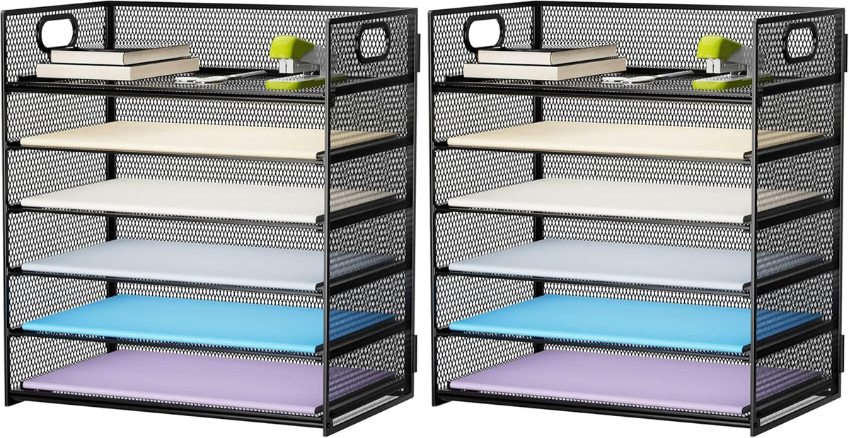 Marbrasse 6 Tier Paper Organizer Letter Tray - Mesh Desk File Organizer with Handle, Paper Sorter Organizer for Letter/A4 Office File Folder Holder - Black