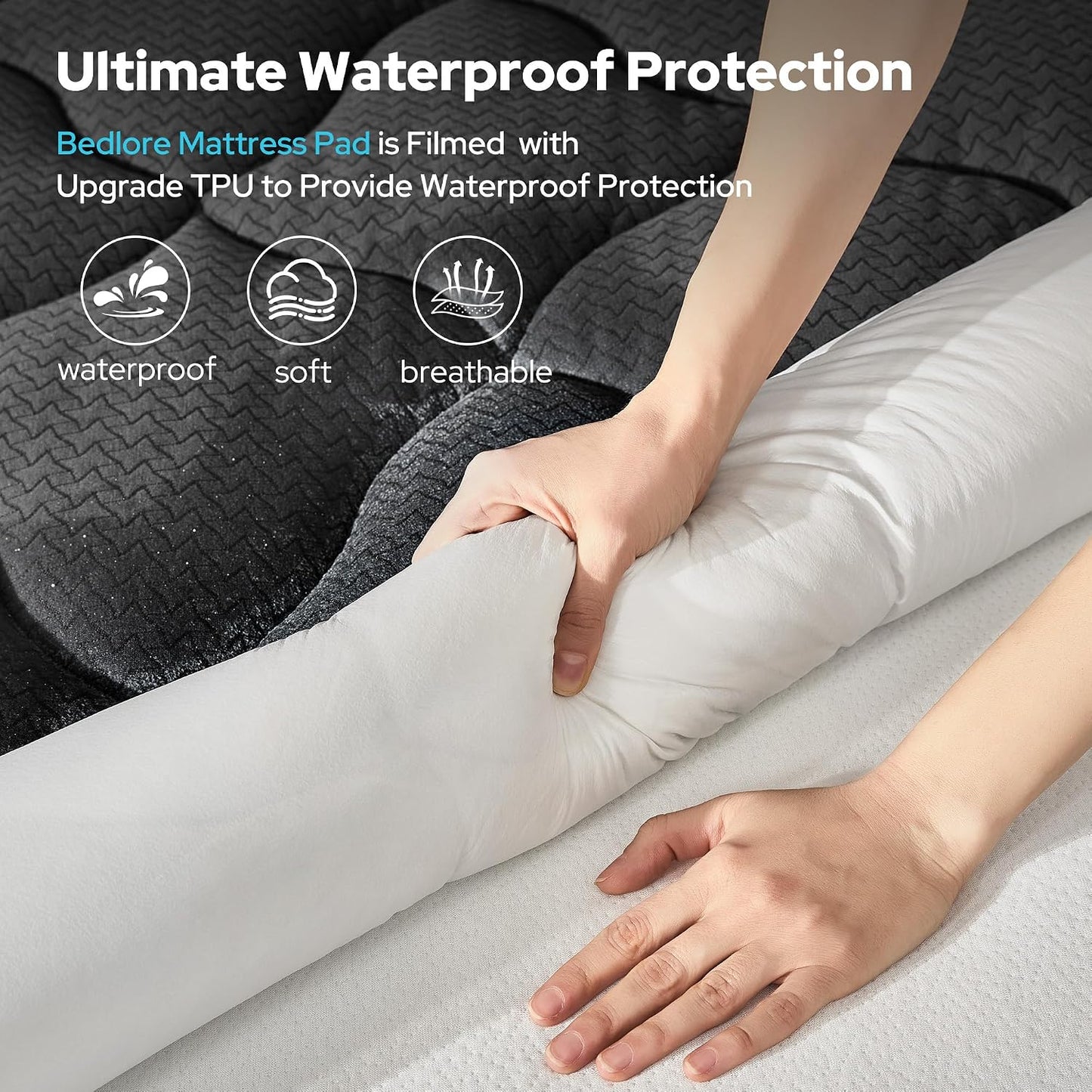 BEDLORE Waterproof Queen Mattress Pad, Breathable Mattress Protector with 6-18 Inch Deep Pocket, Quilted Fitted Mattress Topper Bed Cover, Noiseless & Machine Washable