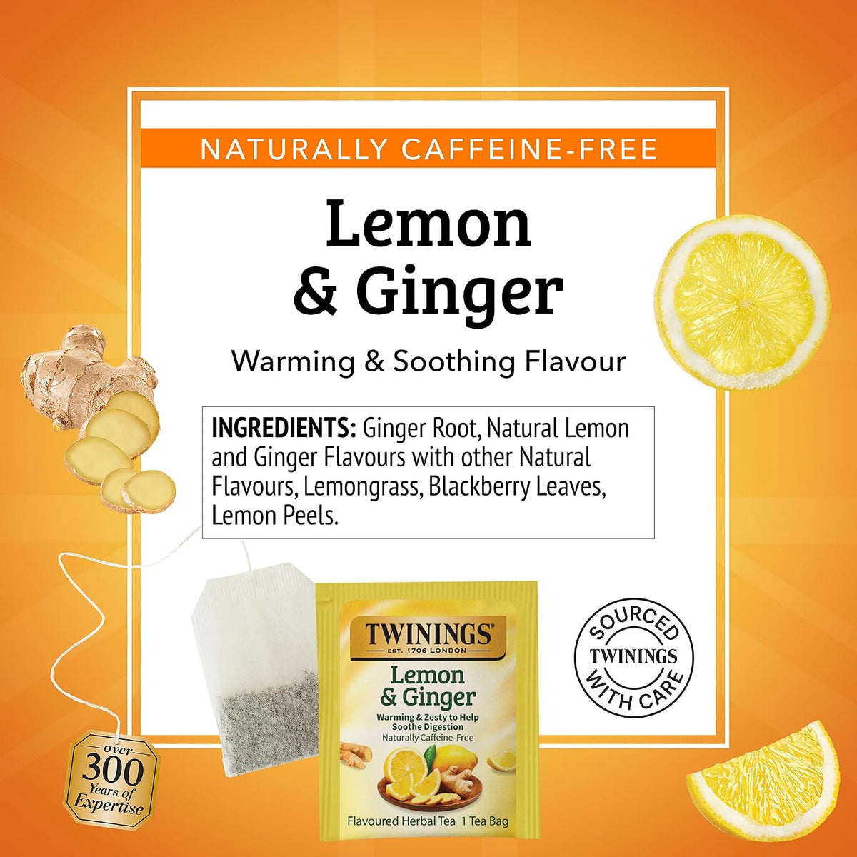 Twinings Lemon & Ginger Herbal Tea Individually Wrapped Bags, 100 Count (Pack of 1), Tangy Lemon, Spicy Ginger, Naturally Caffeine-Free, Enjoy Hot or Iced, 100 Teabags
