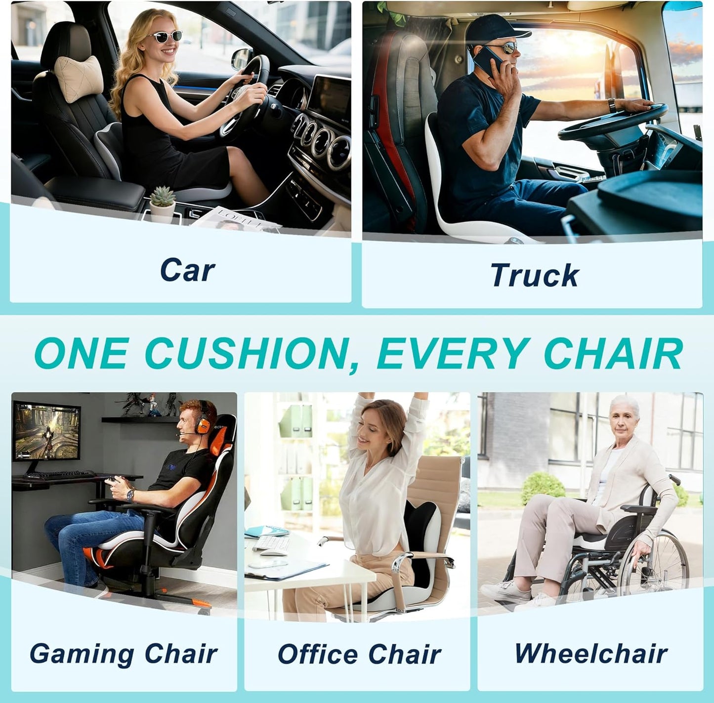 Seat Cushion for Office Chair and Car, Lumbar Support Pillow for Office Chair, Memory Foam Ergonomic Seat Cushion for Long Sitting, Back & Tailbone Pain, Sciatica - Dark Gray & Light Gray
