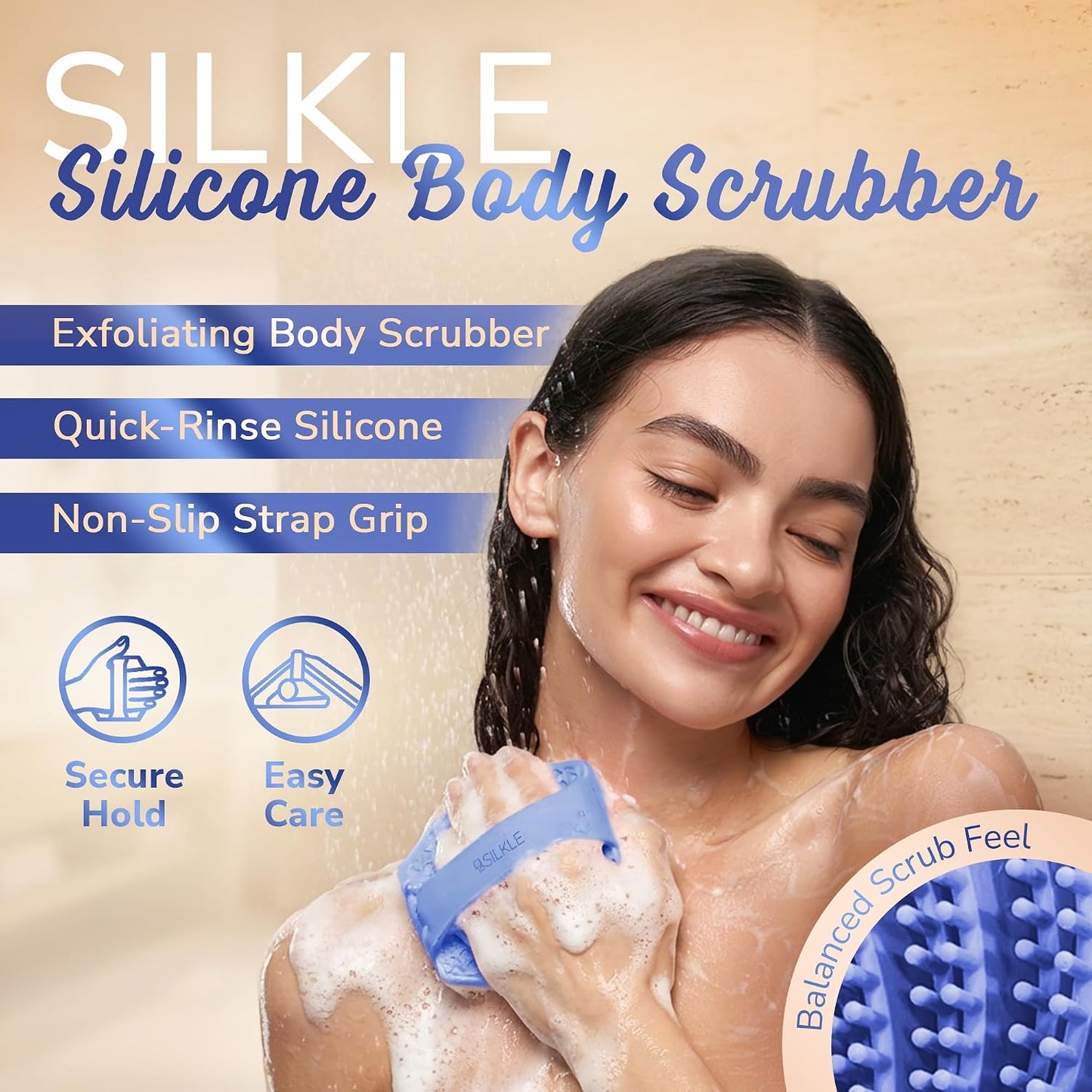 SILKLE Silicone Body Scrubber – Gentle Exfoliating Shower Scrubber for Body & Bath, Silicone Shower Brush & Loofah Alternative – Non-Slip Silicone Body Brush, Quick Dry, Hygienic - Pink
