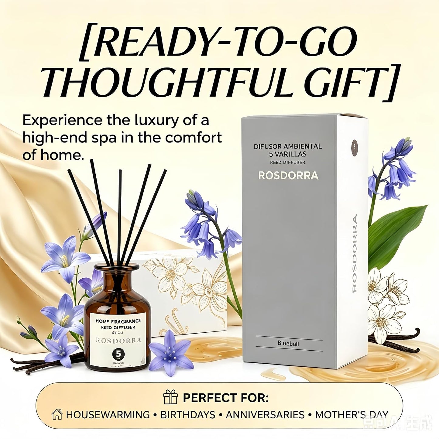 Reed Diffuser Set, Bluebell Scent, 5 oz | Home Fragrance, 5 Sticks Included, Fresh wild floral notes; 90 days constant release;