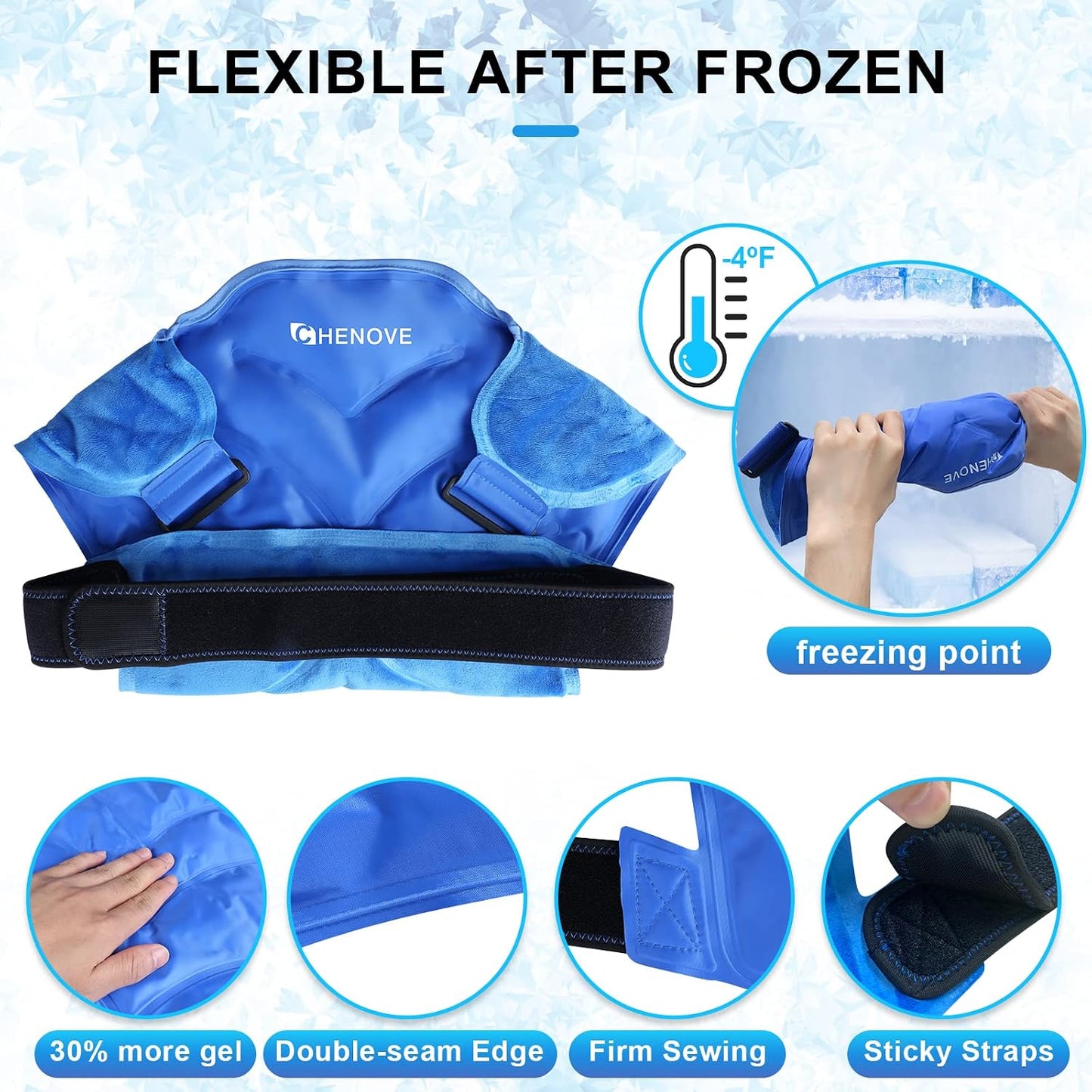 Chenove Ice Pack for Shoulders Upper Back with Strap, Neck and Shoulder Ice Pack Wrap Rotator Cuff Gel Reusable with Cold Compression Therapy, Soreness (Black)
