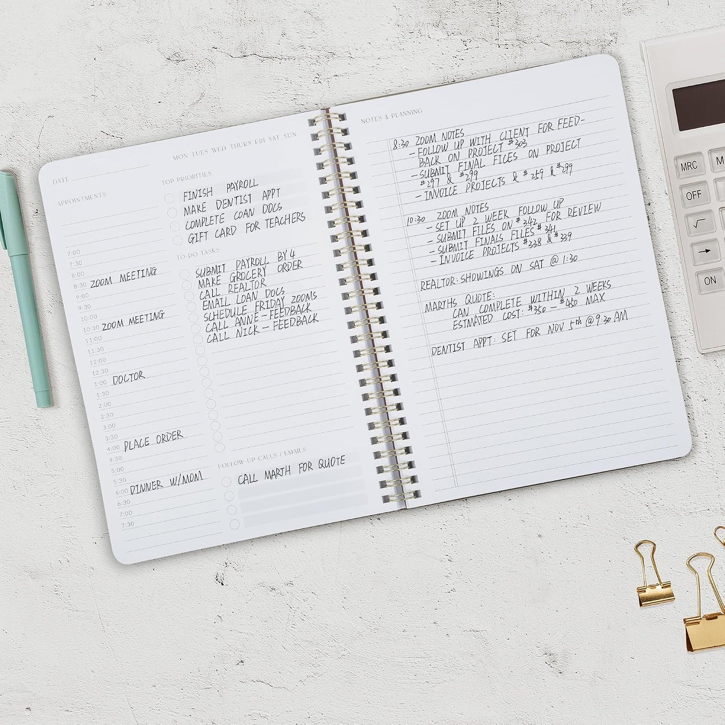 Beautiful Daily Planner And Notebook With Hourly Schedule - Aesthetic Spiral To do List Notepad to Easily Organize Your Work Tasks And Appointments - The Perfect Office Supplies For Women