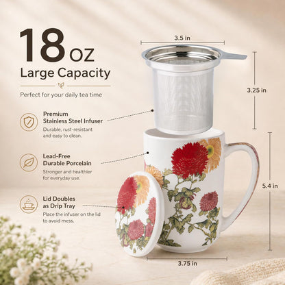 AmorArc Porcelain Tea Mug with Infuser and Lids, 18 Oz Large Cup Strainer with Bag Holder for Loose Leaf Tea, Steeping Coffee Mug for House-warming Wedding Birthday Gift
