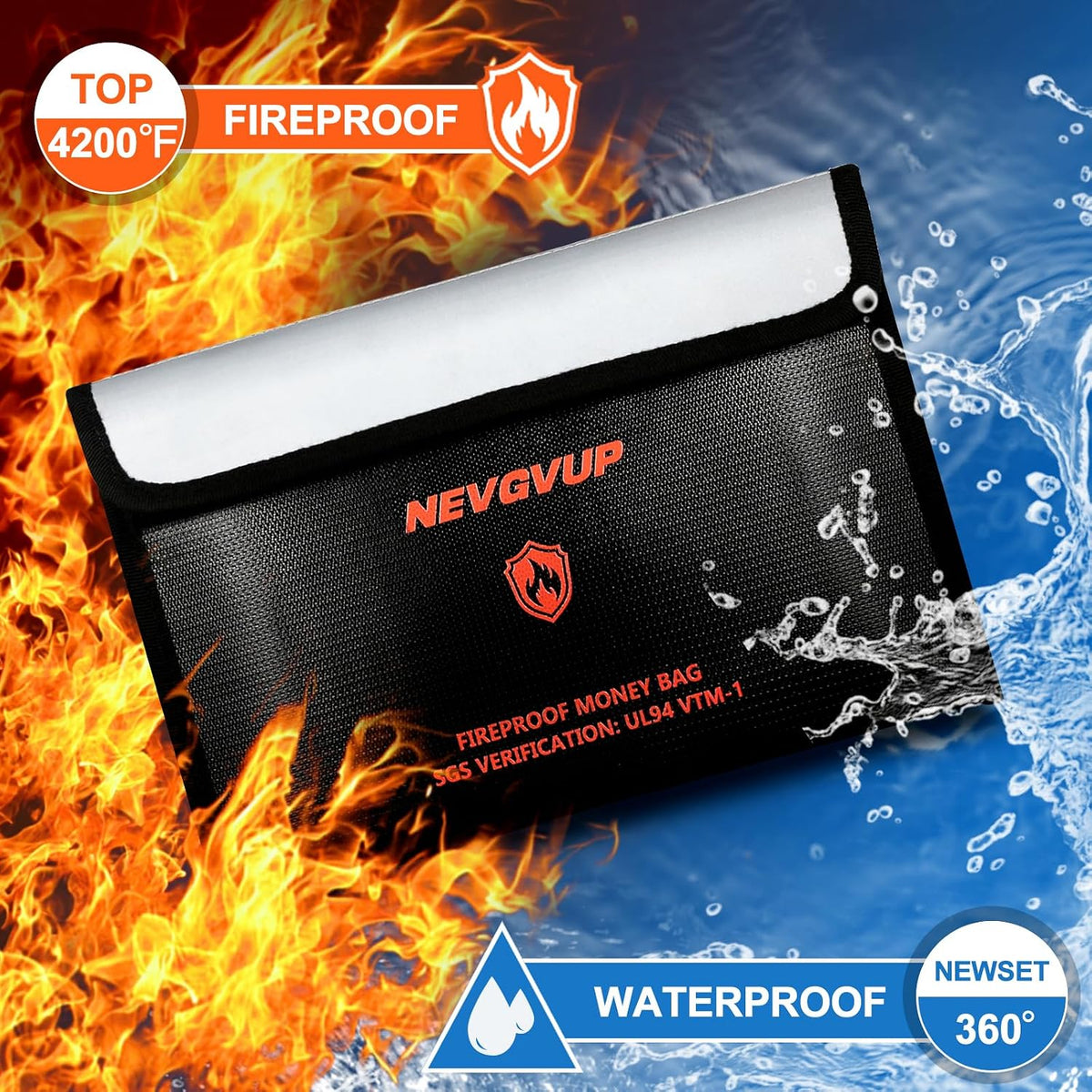 Upgraded 6200°F Fireproof Document Bag with Lock, Fire proof Money Bag for Cash with Zipper/Reflective Strip, 9 Layer of Heat Insulated Material, Water Resistant Fireproof Bags for Documents,Safe Bags