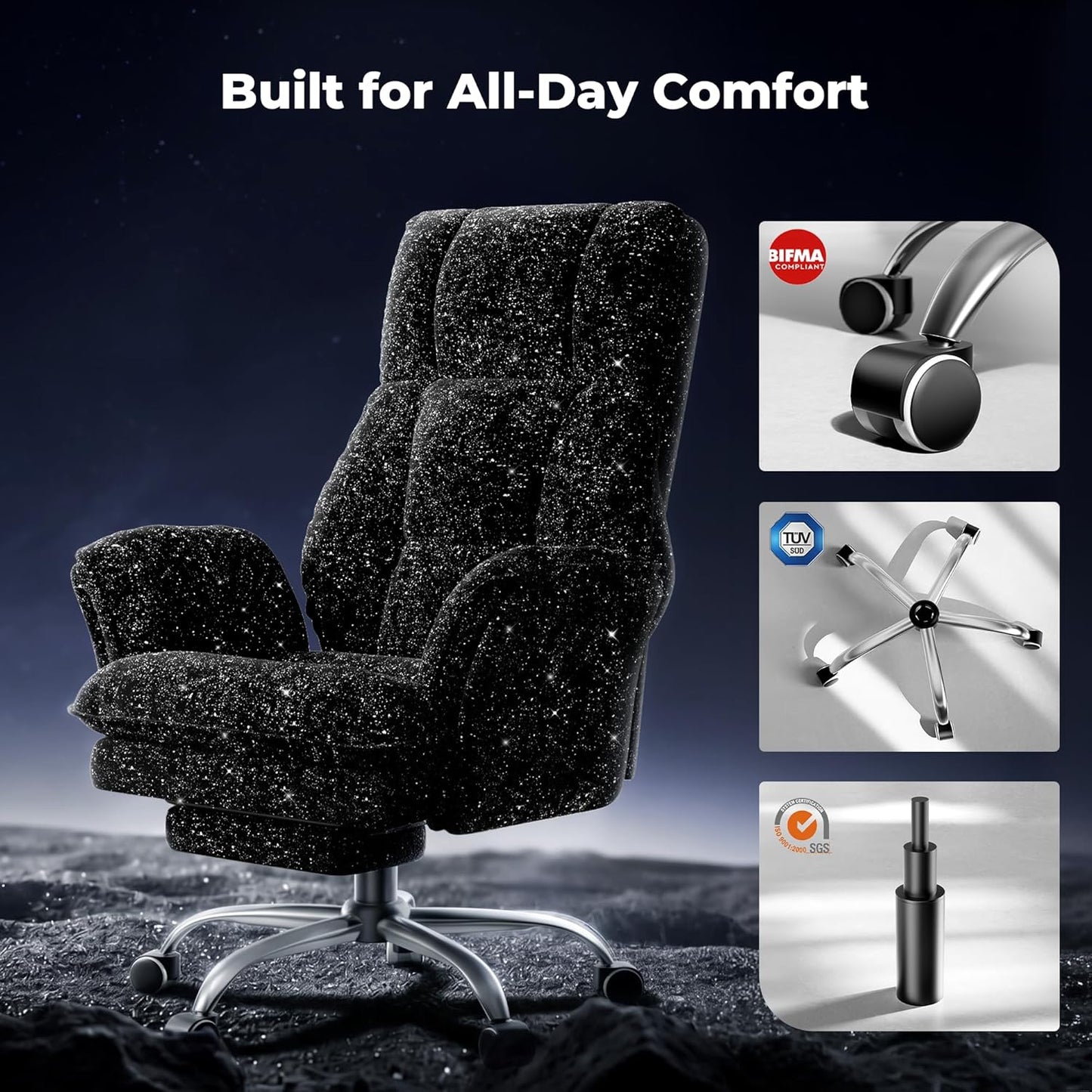 Big and Tall Office Chair, Flip Armrests for Pets & Cross Legged Sitting, Executive Ergonomic Computer Gaming Chair with Foot Rest, Teddy Fleece Wide Seat Reclining Desk Chair, White Vanity Chair