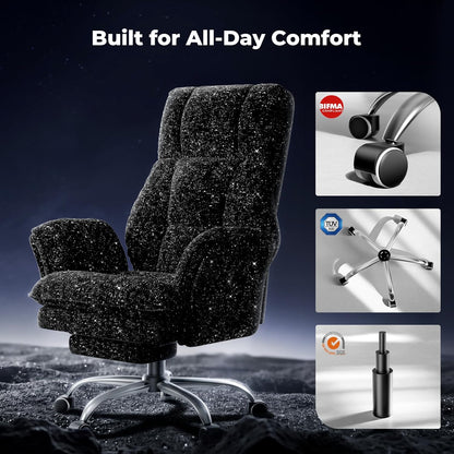 Big and Tall Office Chair, Flip Armrests for Pets & Cross Legged Sitting, Executive Ergonomic Computer Gaming Chair with Foot Rest, Teddy Fleece Wide Seat Reclining Desk Chair, White Vanity Chair