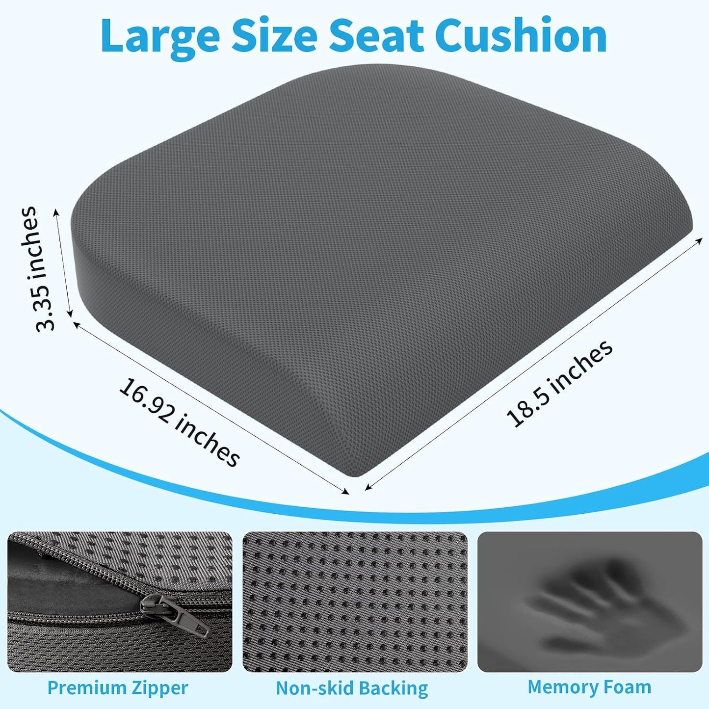 TranquilRelax Large Seat Cushion, Memory Foam Cushion for Long Sitting Hours on Office Chair, Car Seat, Non-Slip Chair Pad for Sciatica, Coccyx, Tailbone Pain Relief & Post-Surgery Recovery (Black)