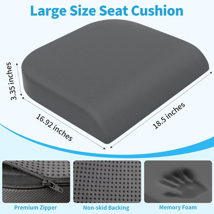 TranquilRelax Large Seat Cushion, Memory Foam Cushion for Long Sitting Hours on Office Chair, Car Seat, Non-Slip Chair Pad for Sciatica, Coccyx, Tailbone Pain Relief & Post-Surgery Recovery (Black)