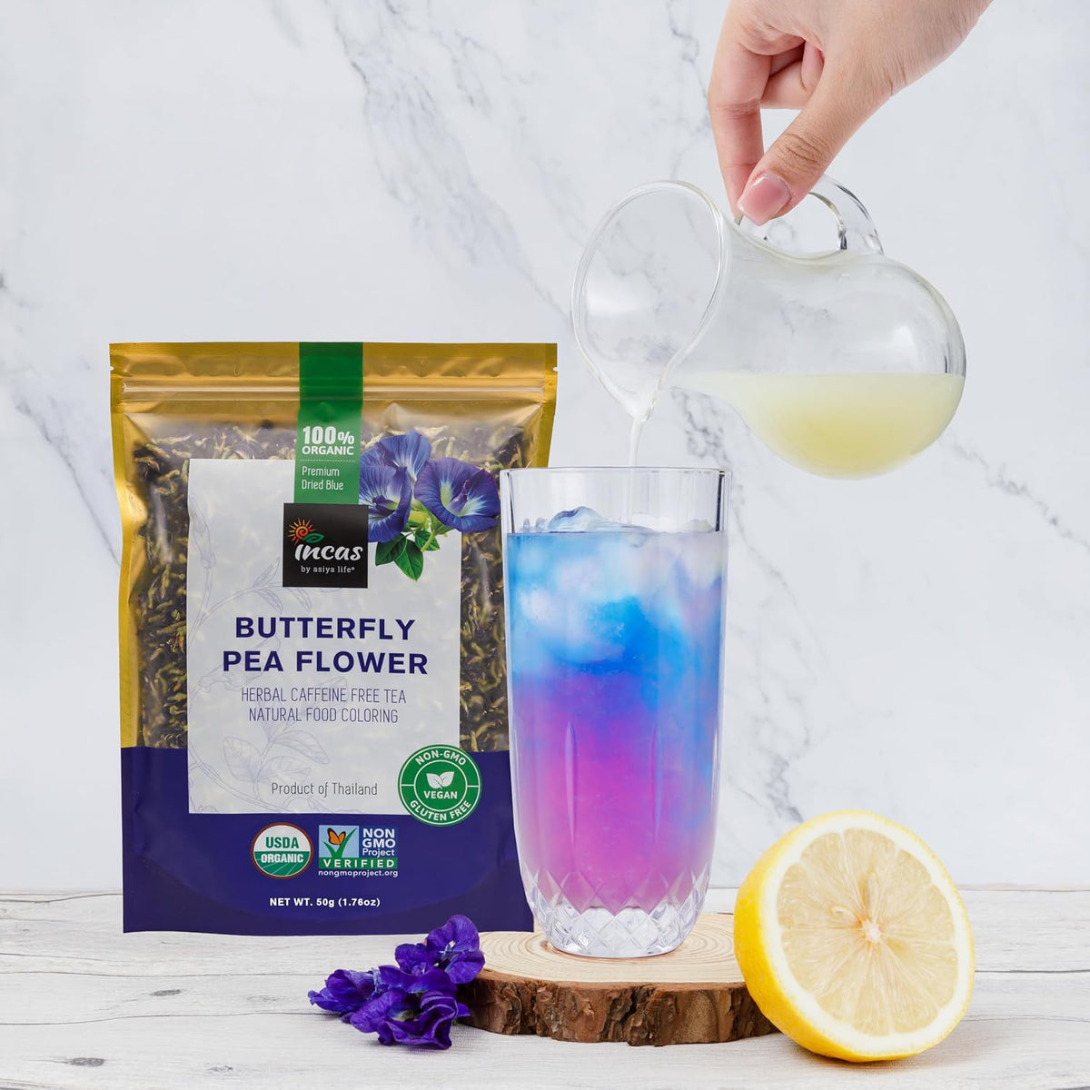 INCAS 100% USDA Organic Butterfly Pea Flower 1.76 oz (150+ Cups) DIRECT FROM SOURCE Thailand Non GMO Verified Dried Caffeine Free Gluten Free Vegan Rich in Antioxidants Free eBook (50G)