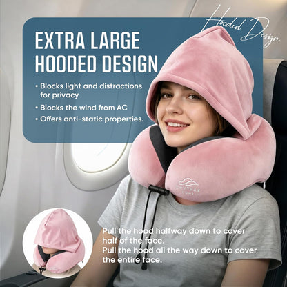 SkytraxComf® Travel Neck Pillow with Hood for Privacy on Long Flights | Memory Foam | Airplane Sleep | Safety-Tested Materials | Extra Large Hood | Chin Support | Earplugs | Washable Cover