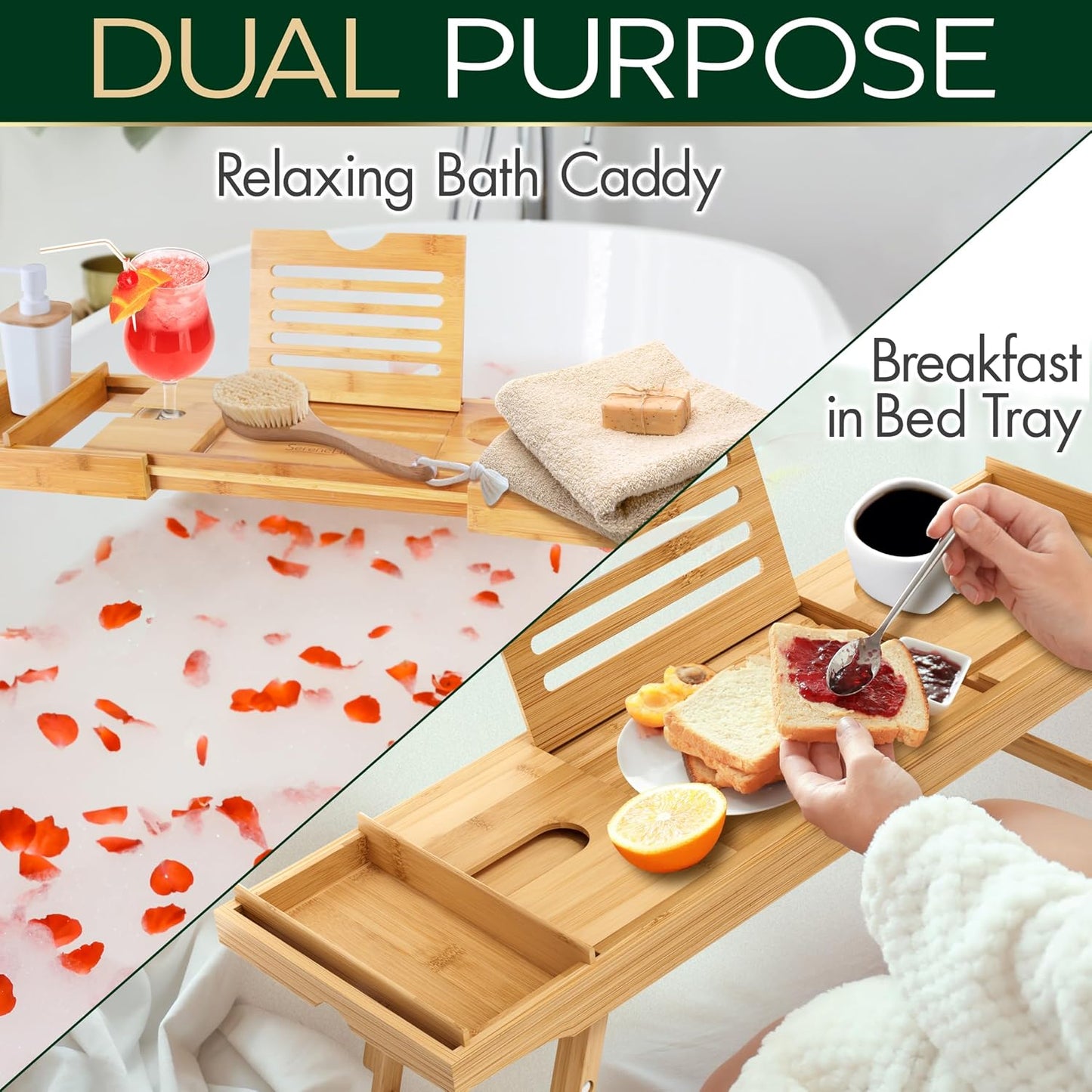 SereneLife Bath Caddy Breakfast Tray Combo - Natural Bamboo Wood Waterproof Tub and Bed with Folding Slide-Out Arms, Device Grooves, Wine Glass Soap Holder
