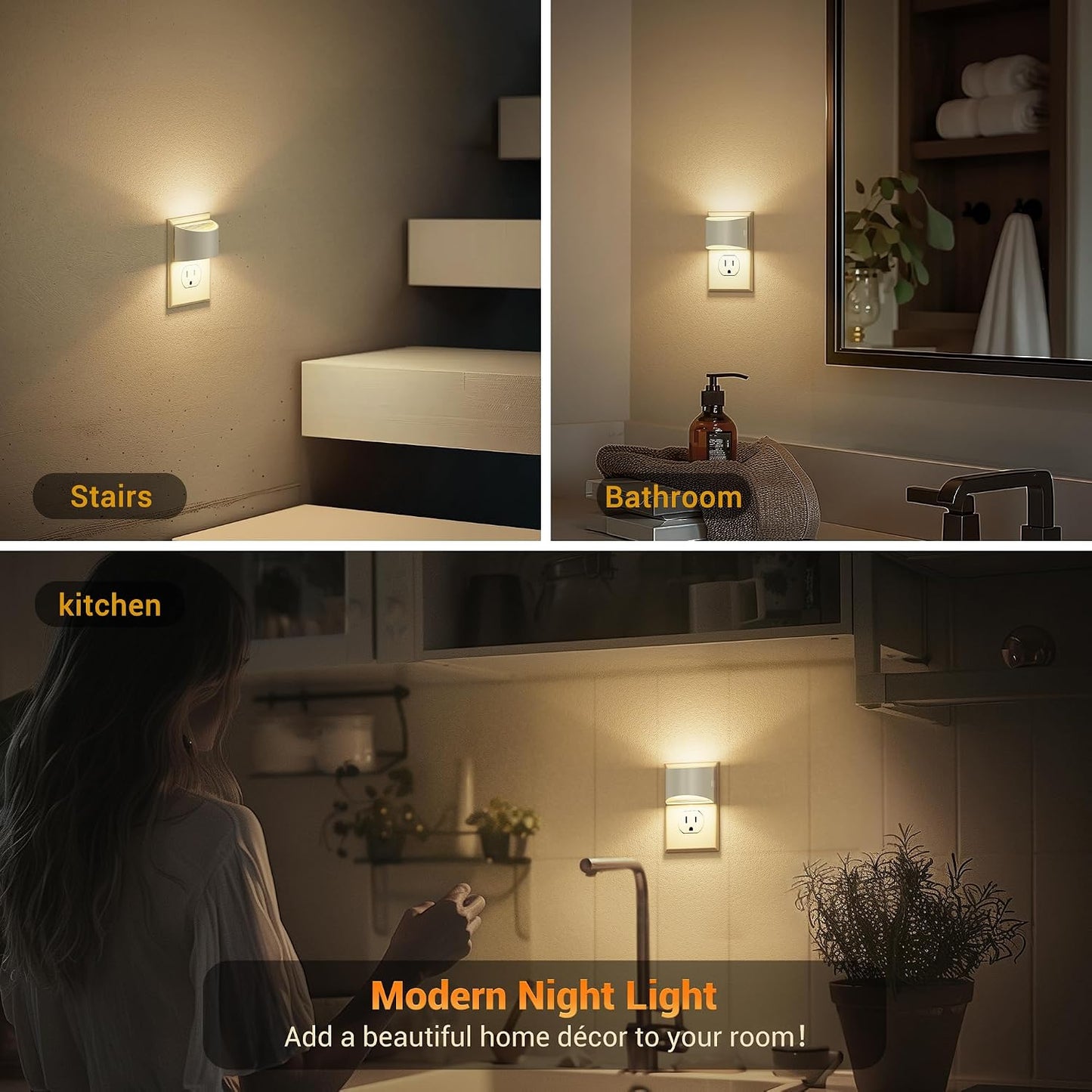 JandCase Night Light, Modern Night Lights Plug into Wall,2 Pack Dusk to Dawn Sensor Nightlight, Amber Brightness Adjustable Nightlight for Kids Bathroom Hallway Kitchen Bedroom Decor