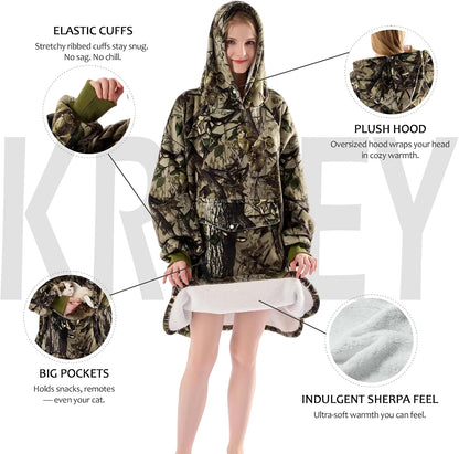 Krifey Wearable Blanket Hoodie, Oversized Sherpa Hooded Blanket for Adults | Soft sherpa fleece with sleeves and pocket; oversized fit for lounging, WFH, camping, Christmas and white elephant gifts.