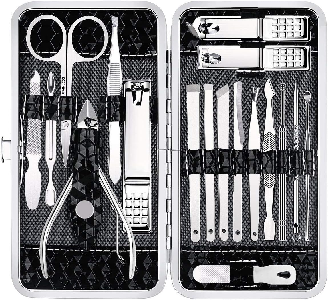 Yougai Manicure Set 18 Pieces Professional Nail Clippers Pedicure Kit Men Women, Stainless Steel Fingernail Toenail Cutters, Nail Care Grooming Tools with Leather Travel Case