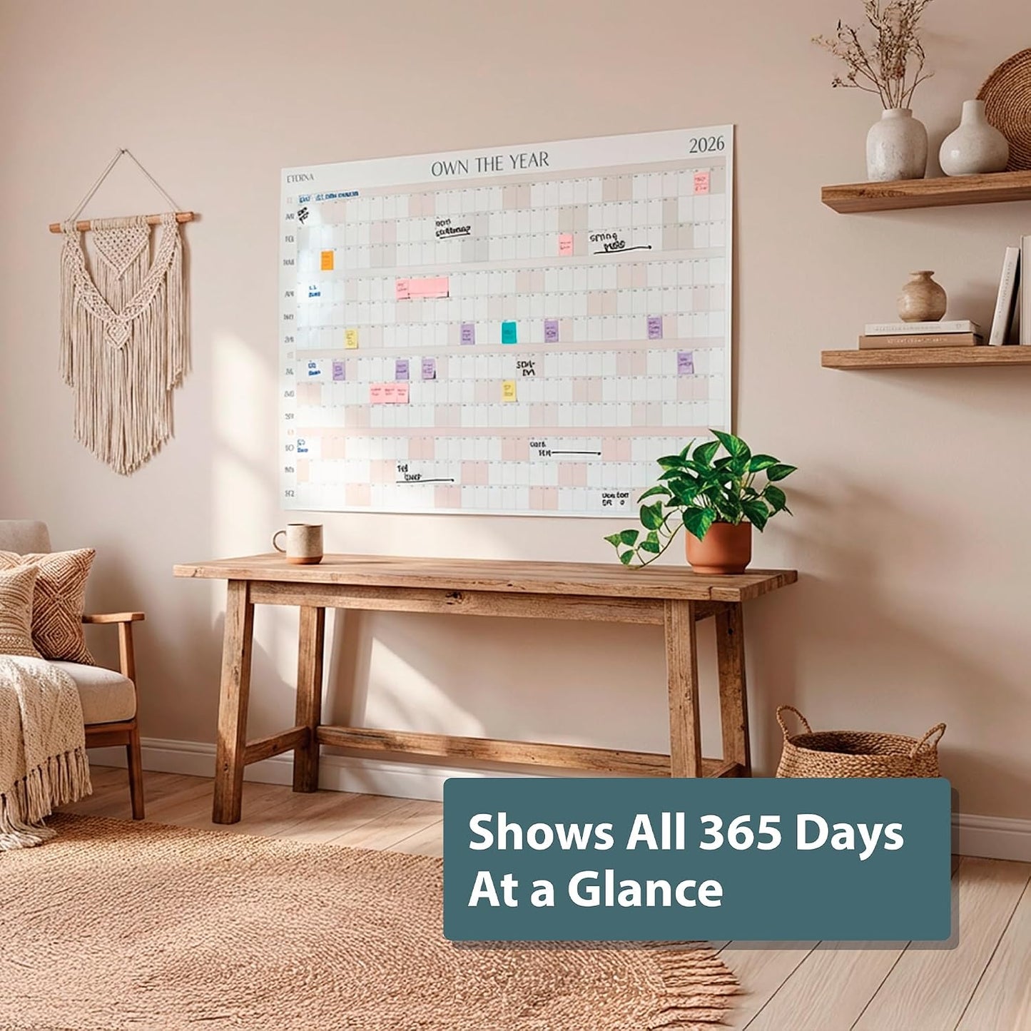 ETERNA GOODS Undated Giant Wall Calendar | 4ft x 3ft Full-Year Dry Erase Planner Start Anytime, Own The Year Jumbo Whiteboard Wall Calendar, Includes Markers, Stickers & Mounting Kit, for Home or Office