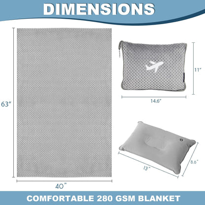 Travel Blanket Airplane Compact with Bag, Travel Essentials 3 in 1 Packable Airplane Blanket, Travel Pillow and Blanket Set, Inflatable Pillow, Luggage Sleeve & Backpack Clip (Light Grey)