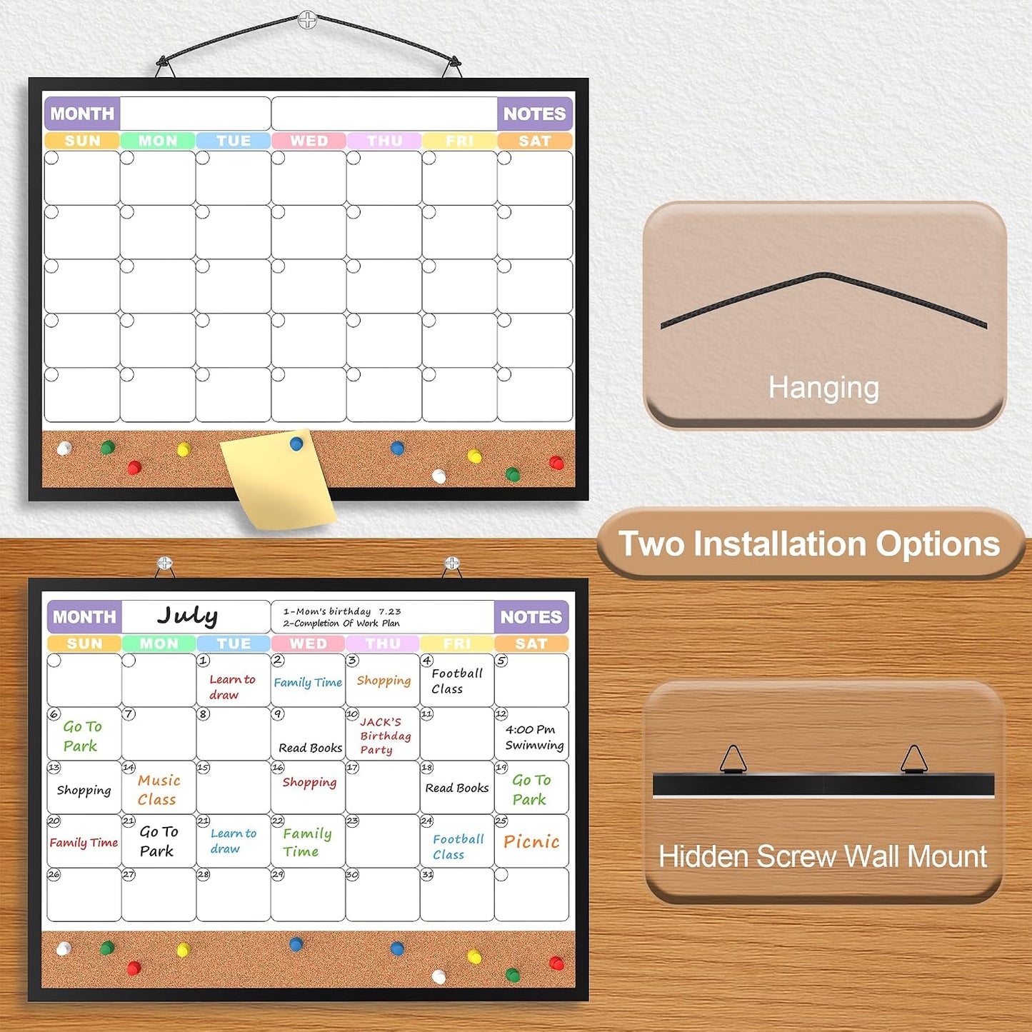 Monthly Calendar Dry Erase Board 16x12 Inch, Double-Sided Whiteboard and Corkboard Combo, Wall Mounted Planner Organizer with Markers, Magnets, Push Pins, Eraser, for Home Office School