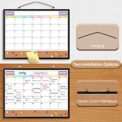 Monthly Calendar Dry Erase Board 16x12 Inch, Double-Sided Whiteboard and Corkboard Combo, Wall Mounted Planner Organizer with Markers, Magnets, Push Pins, Eraser, for Home Office School