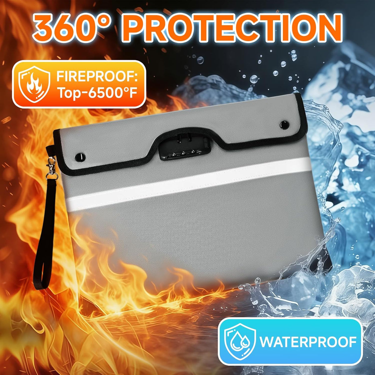 Fireproof Document Bag with Lock, 15x12 in Waterproof for Cash Passport