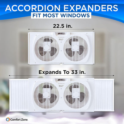 Comfort Zone Twin Window Fan with Reversible Airflow Control, 9 inch, Auto-Locking Expanders, 2 Speed Fan, Dual Fan, Exhaust, Airflow 9.84 ft/sec, Ideal for Home, Kitchen, Bedroom & Office, CZ319WT