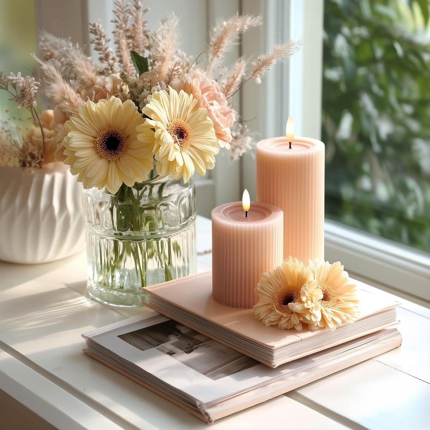 Ribbed Fluted Real Wax Flameless LED Pillar Candles, Loden Sage Olive Green, Melted-Wax Top Look, Flickering Flame, Battery Operated, Remote & Timer, Shelf & Wedding Decor (Set of 3)