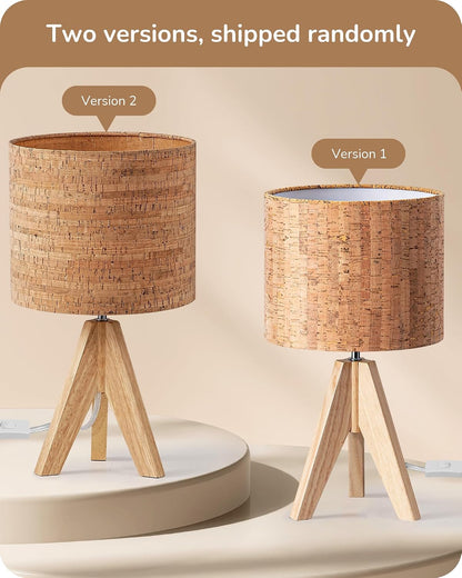 EDISHINE Tripod Table Lamp, Small Cute Bedside Lamp with Linen Beige Lampshade, Nightstand Lamp for Nursery, Bedroom, Kid Room, Living Room, Light Brown Wooden Base, E26 Socket, 14.2 Inch