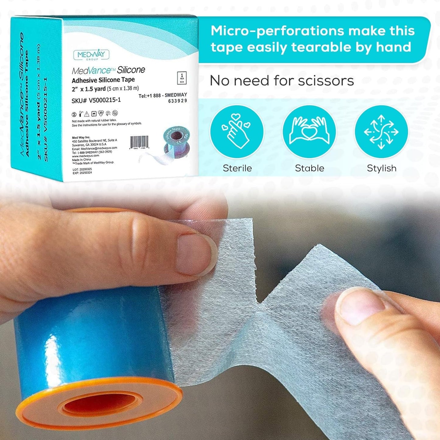 MedVance Silicone Tape Medical, Perforated Surgical Tape Sensitive Skin, Waterproof Tape for Skin, Medical Tape for Wound Care, Eyelash Tape, Gentle Skin Tape, 1" Width (1 Pack, 180 Inches)