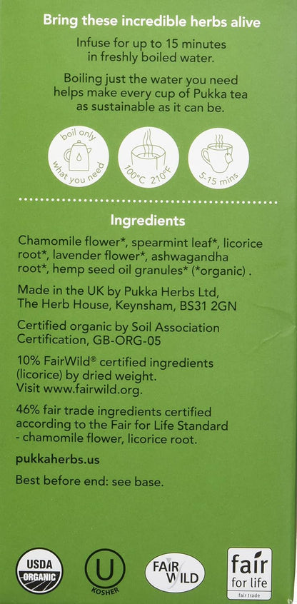 Pukka Organic Peace Herbal Tea with Spearmint, Ashwagandha, and Hemp Seed Oil, Caffeine Free, 20 Total Tea Bags