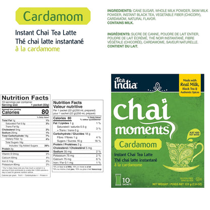 Tea India Chai Moments Cardamom Chai Instant Latte Powder,10 Packets 6 Pack