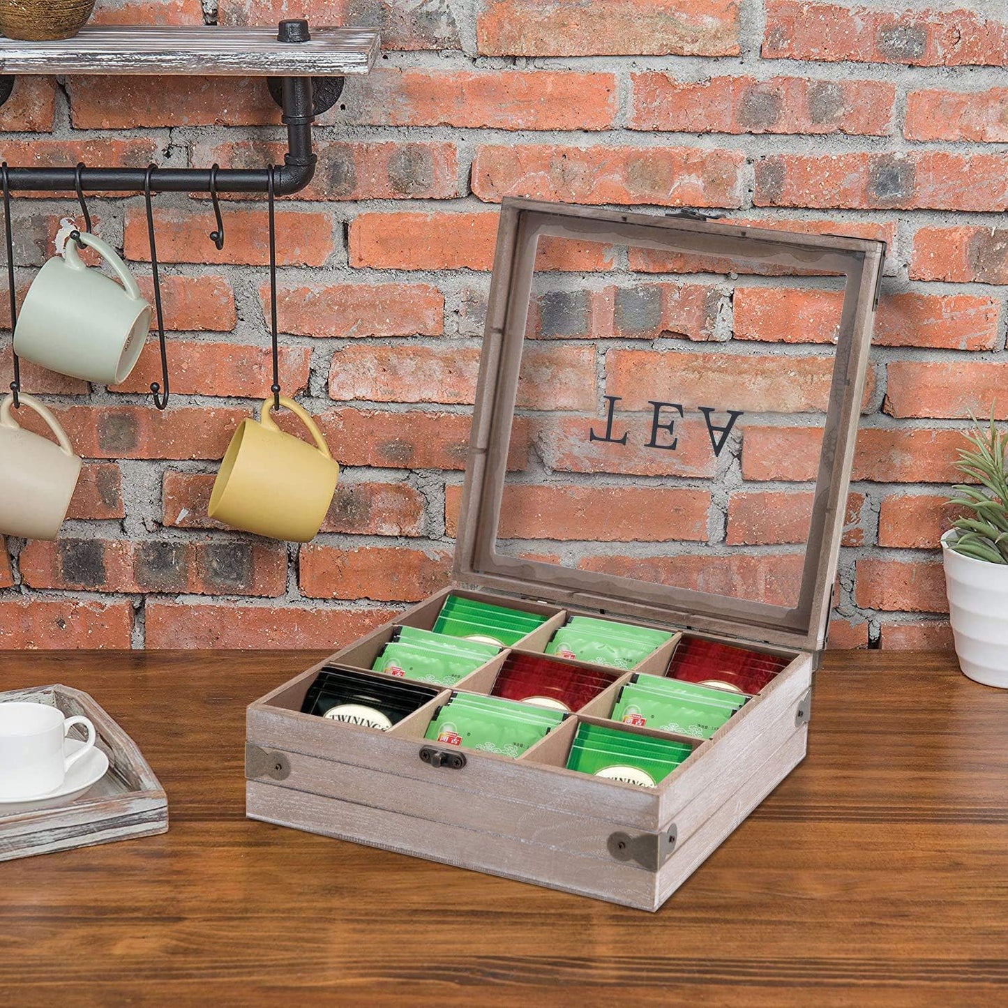 Tea Box Organizer - Rustic Tea Bag Storage,Teas Bag Holder for Coffee Sugar Pods Packets & More – Elegant Tea Storage Solution for Home & Kitchen (Gray)