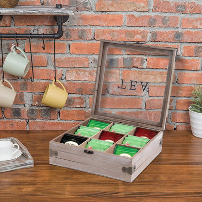 Tea Box Organizer - Rustic Tea Bag Storage,Teas Bag Holder for Coffee Sugar Pods Packets & More – Elegant Tea Storage Solution for Home & Kitchen (Gray)