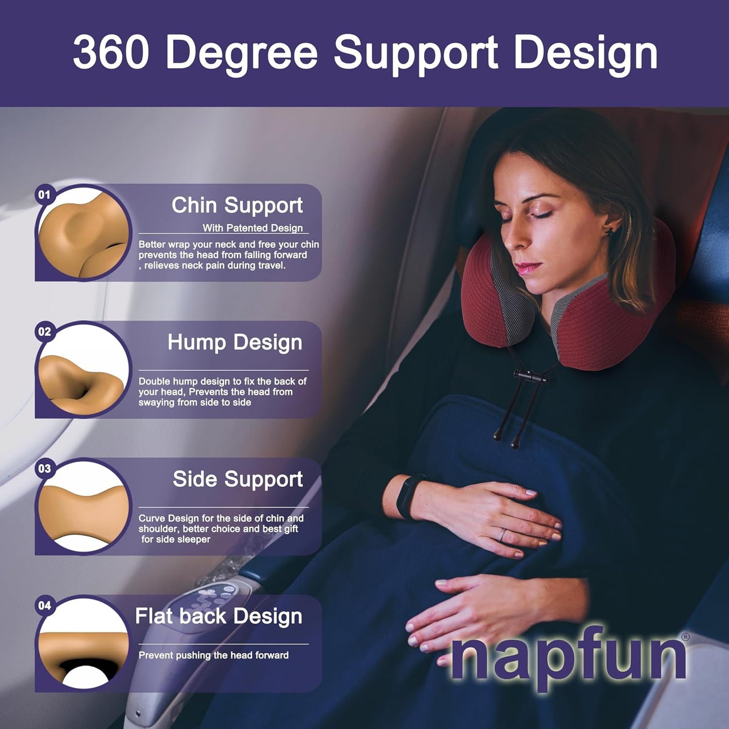 napfun Neck Pillow for Traveling, Upgraded Travel Neck Pillow for Airplane 100% Pure Memory Foam Travel Pillow for Flight Headrest Sleep, Portable Plane Accessories, Light Grey