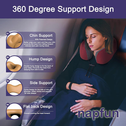 napfun Neck Pillow for Traveling, Upgraded Travel Neck Pillow for Airplane 100% Pure Memory Foam Travel Pillow for Flight Headrest Sleep, Portable Plane Accessories, Light Grey