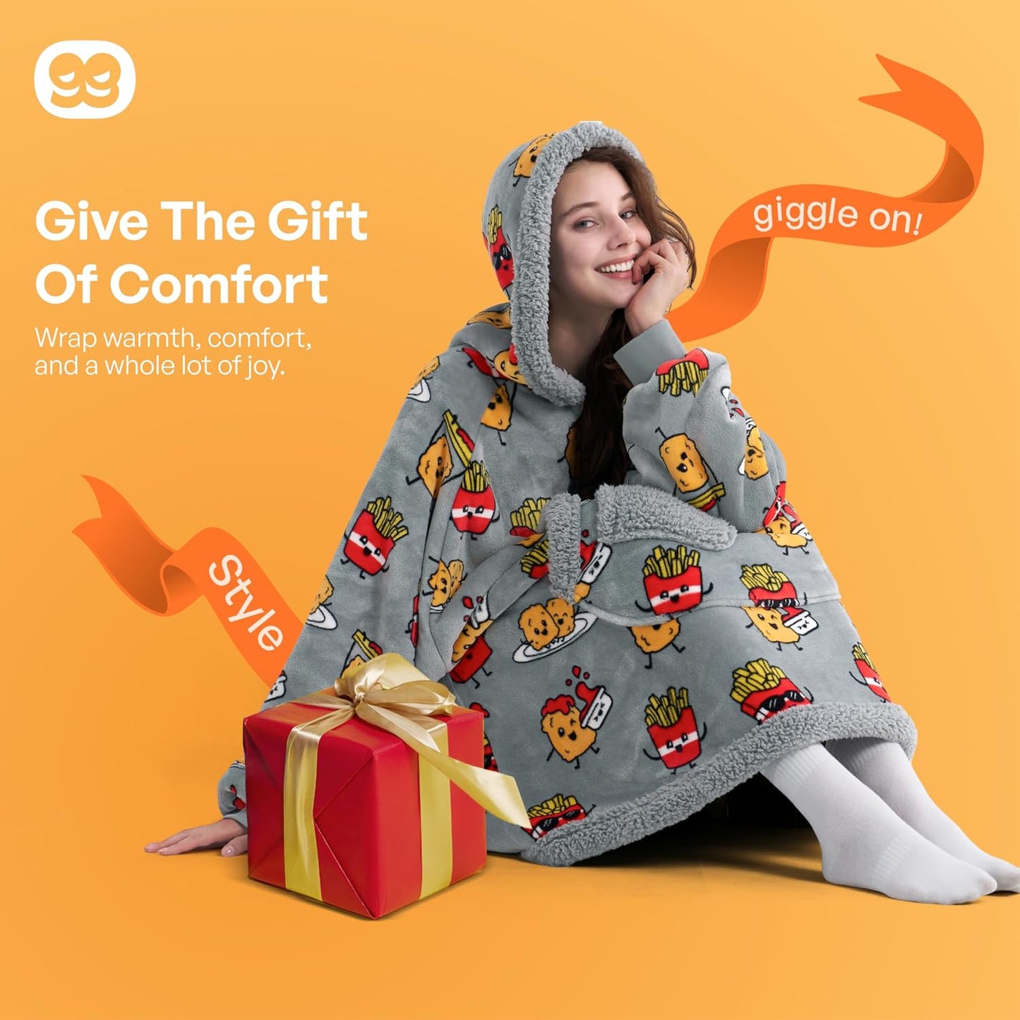Giggling Getup Wearable Blanket Hoodie for Adults Gifts for Teen Girls Sister Women Sherpa Fleece Printed Hooded Blanket Sweatshirt Warm Cozy with Pocket & Sleeves Beige Cat
