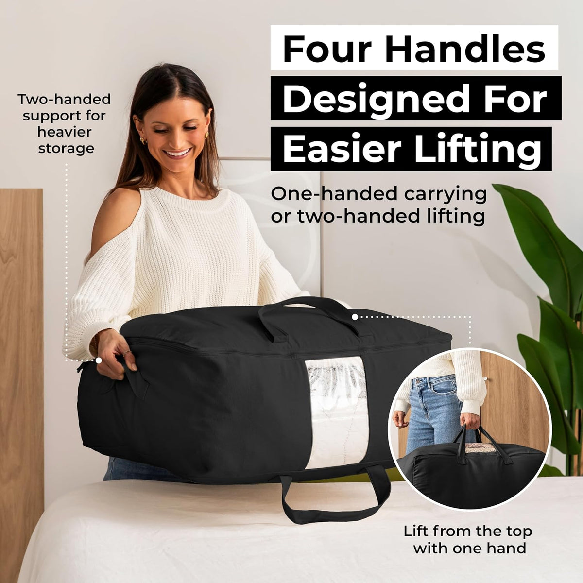 Soft Canvas Storage Bags with Zipper. Thick Breathable, 2pc King/Queen Comforter Organizer. Four Carrying Handles and Window. Large 25x19x9in Bag for Sheets Blankets Bedding Pillows, Clothes