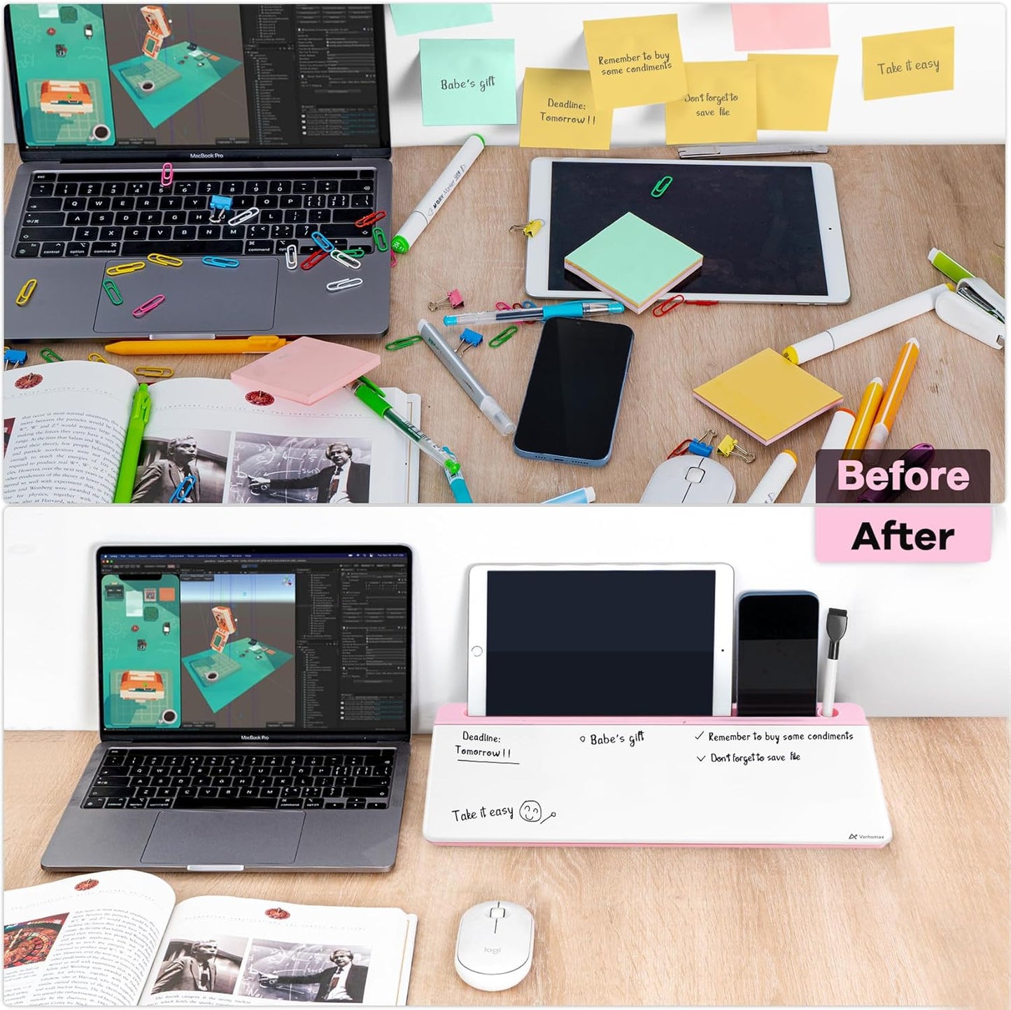Varhomax Glass Weekly Dry Erase Desk White Board, Desktop to Do List Planner Whiteboard Calendar with Storage Caddy Memo for Home and Office, White