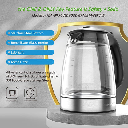 NISVITU 1.7L Dual Wall Cool Touch Electric Kettle, BPA-Free Borosilicate Glass Inner, PC Outer, 1500W Fast Boil Cordless Hot Water Boiler & Electric Tea Kettle, Keep Warm, Auto Shut-Off, White