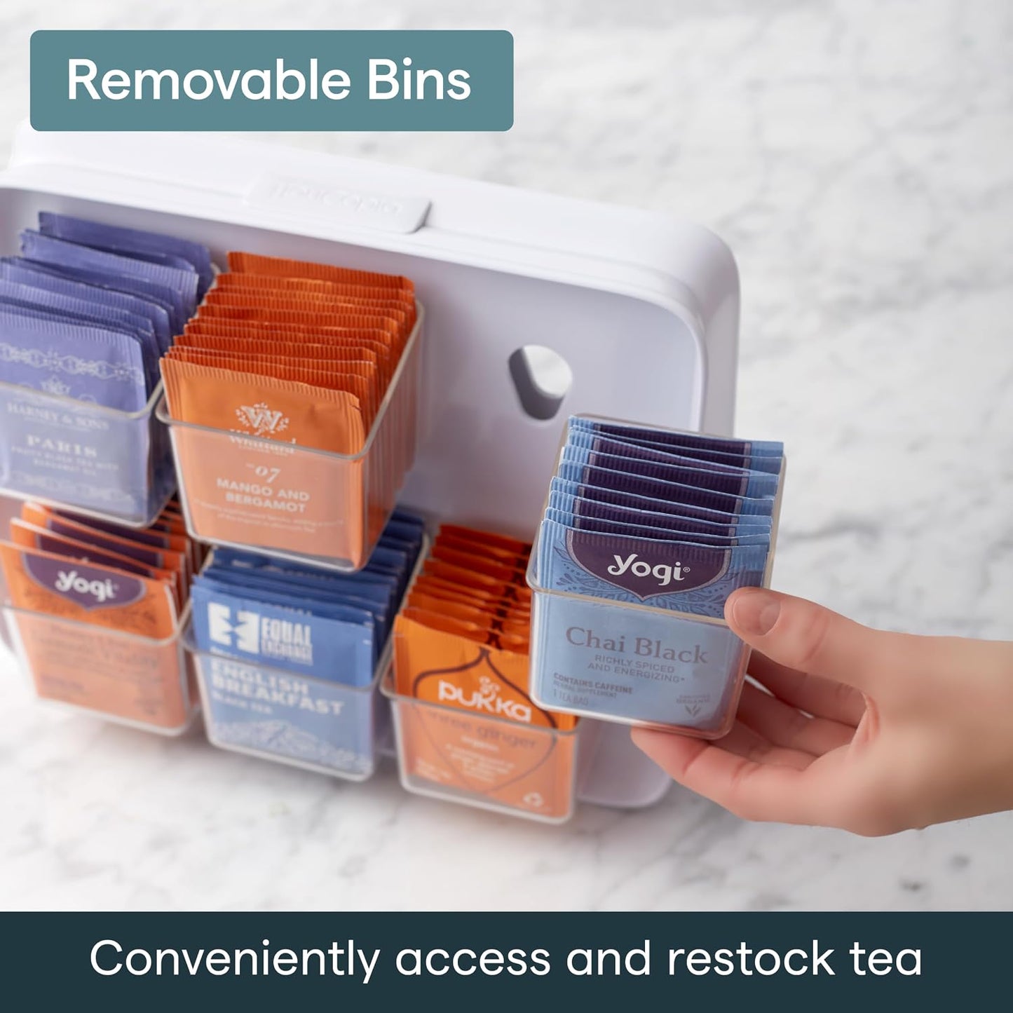 YouCopia TeaStand Tea Bag Organizer with Clear Removable Bins, Cabinet or Pantry Storage Caddy, 80-Bag